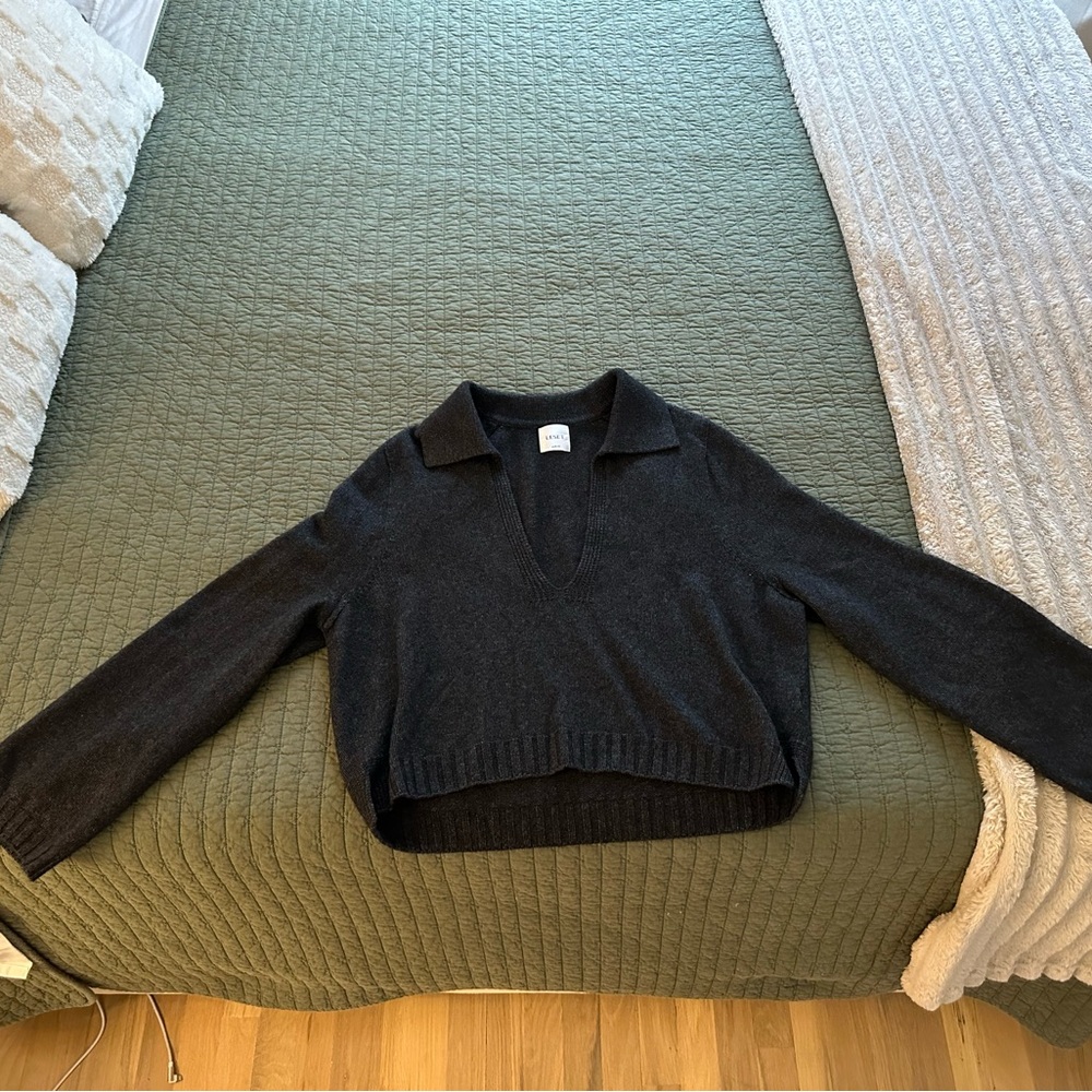LESET Women's Dark Grey V-Neck Collared Sweater